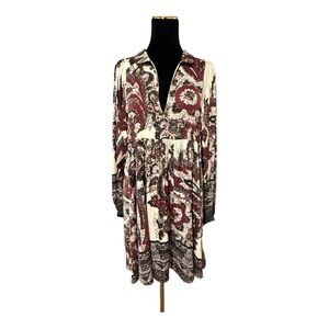 Free People Red and White Paisley Dolan Long Sleeve Dress Size L EUC